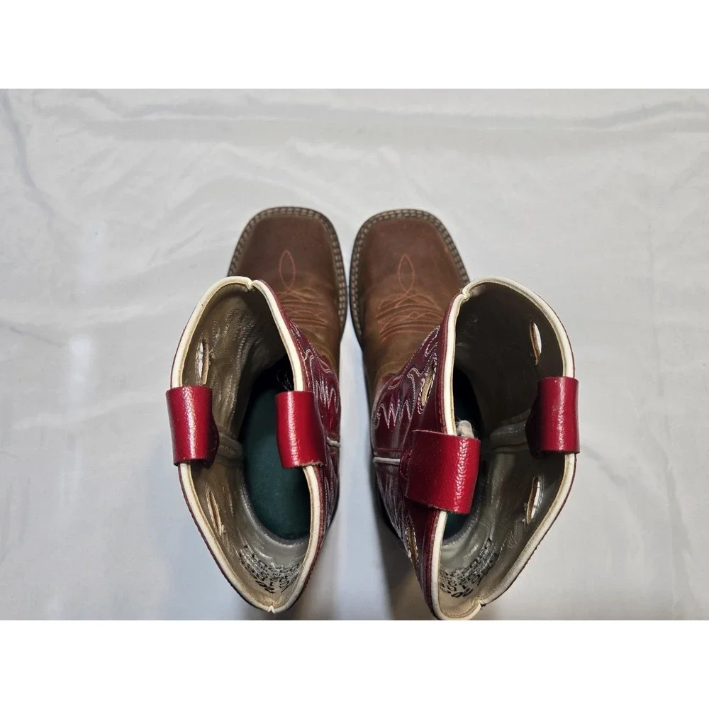 Old West Kids Size 2 Unisex Brn/Red Leather Western Boot Square Toe Ultra-Flex